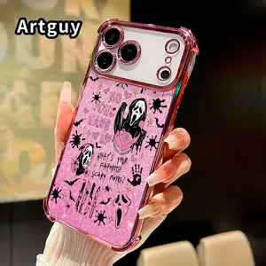 Pink Horror Pattern Four Corner Anti-Fall Phone Case Transparent Electroplated Protective Cover for iPhone 17 Pro Max Air 16 15 Plus 14 13 12 11 E