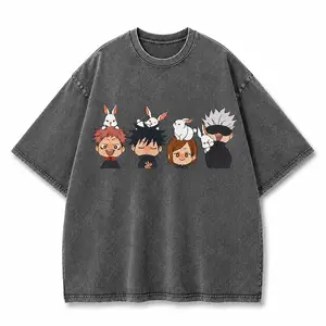Jujutsu Kaisen Chibi Vintage Washed Tee – Oversized Anime Streetwear T Shirt, Cute Y2K Manga Graphic Tee, Digital Print Acid Wash Shirt