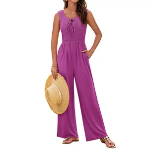 GRACE KARIN Jumpsuits for Women Bow Tie Front Overalls Smocked Tops Wide Legs Casual Knitted Outfits with Pockets