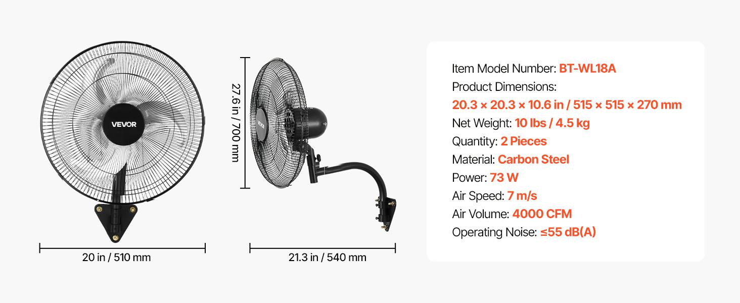 VEVOR 2-Pack 18 in Wall Mount Fans, Oscillating Wall-Mounted Cooling Fans with 3 Speeds, Long Airflow Distance, Adjustable Rotation Angle, Mechanical Powerful for Garage, Workshop, Cooling Fan VEVOR 2-Pack 18 in Wall Mount Fans, Oscillating Wall-Mounted Cooling Fans with 3 Speeds, Long Airflow Distance, Adjustable Rotation Angle, Mechanical Powerful for Garage, Workshop, Cooling Fan