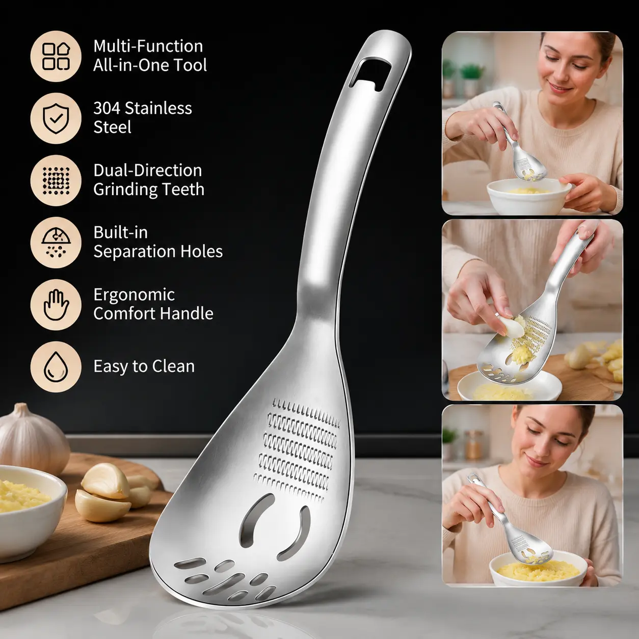1 Count 304 Stainless Steel Multifunctional Kitchen Spoon, Egg White Separator Ginger Garlic Grater Mud Masher for Home Daily Cooking