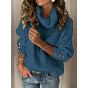Button Decor Turtle Neck Sweater, Casual Long Sleeve Sweater For Fall & Winter, Women's Clothing