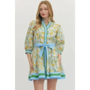 Lemon Floral Print 3/4 sleeve mini dress