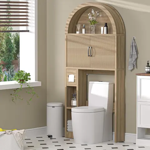 AHB Freestanding Arched Over-The-Toilet Engineered Wood Bathroom Cabinet Organizer - Latch-Equipped Freestanding Storage Cupboard, Adjustable Shelves, Anti-Tip Kit, Compact Design Modern Small Space Bathroom Furniture, SohoChic Home Decor