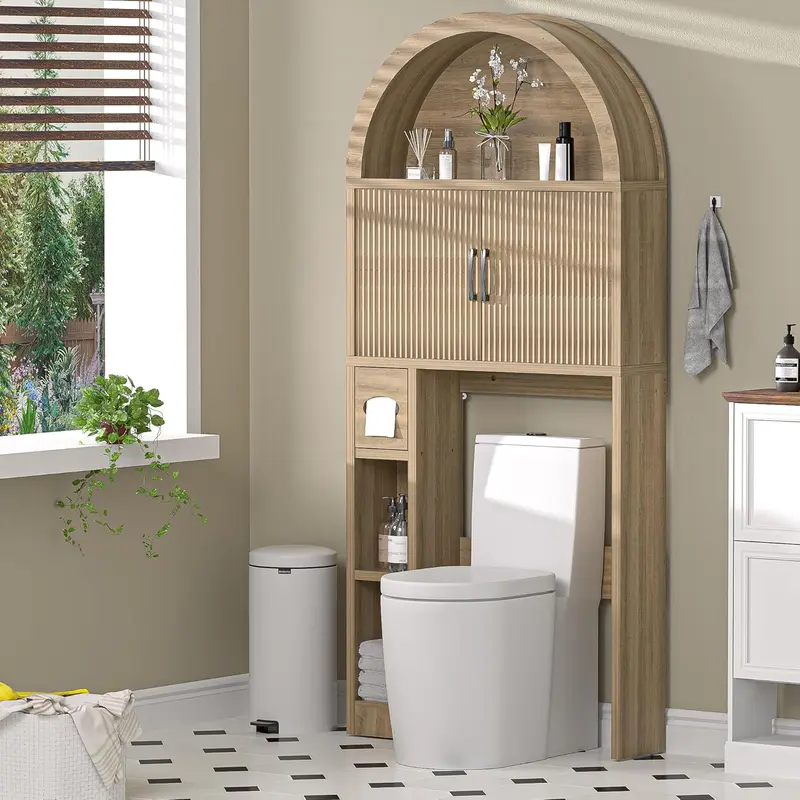AHB Freestanding Arched Over-The-Toilet Engineered Wood Bathroom Cabinet Organizer - Latch-Equipped Freestanding Storage Cupboard, Adjustable Shelves, Anti-Tip Kit, Compact Design Modern Small Space Bathroom Furniture, SohoChic Home Decor