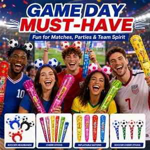 Soccer Fan Party Set – Inflatable Football Headbands + 3 Styles of Cheer Sticks, Includes Baseball, Torch & Printed Stick Designs, Perfect for Game Day, Sports Parties, Team Spirit, Celebrations, Kids & Adults, Easy to Inflate and Use