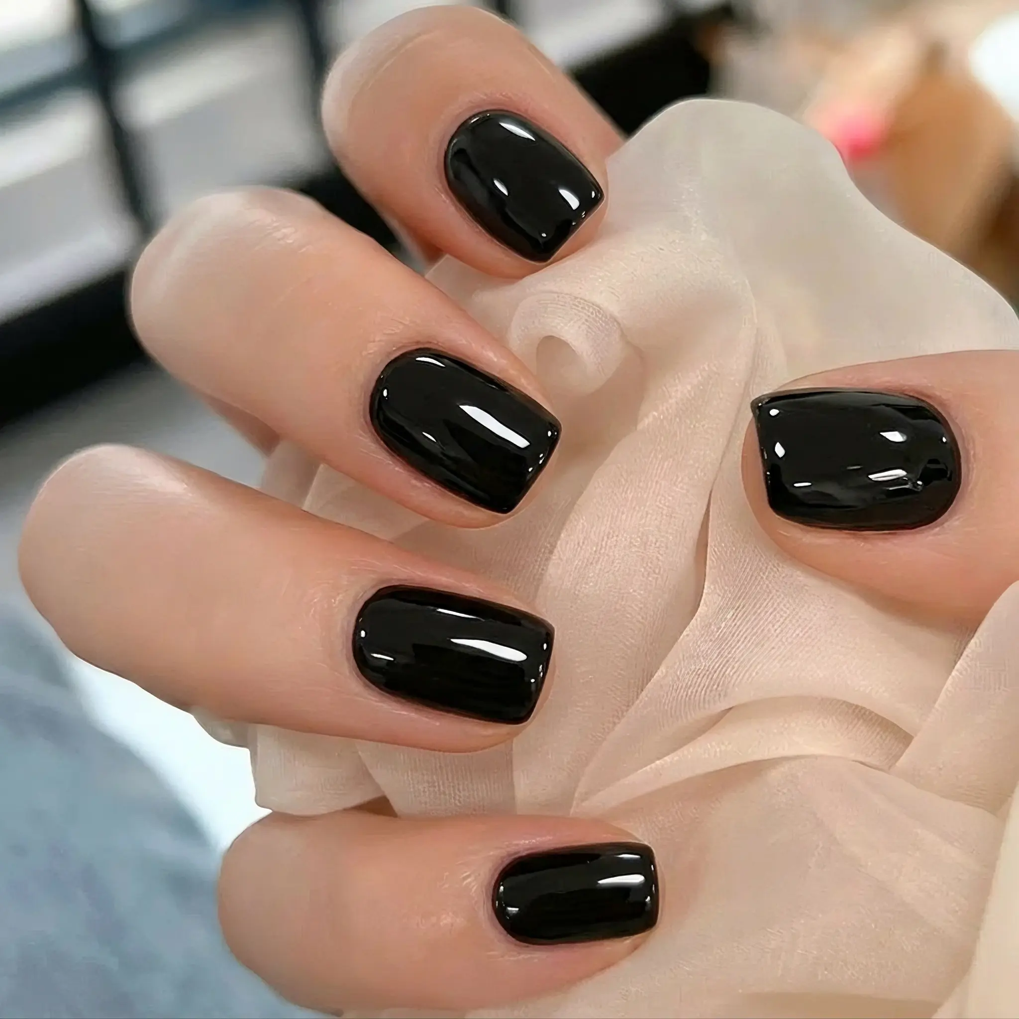 Elegant & Classy Solid Black Short Nails 24Pcs – Reusable Press-On Fake Nails, Complete Kit with Jelly Gel & Tools for Beginners