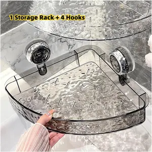 5pcs Set Corrugated Suction Cup Storage Holder(1 Storage Rack + 4 Hooks), Corner Shower Caddy, Large Organizer Bathroom Shelf, Clear Acrylic Shower Tray Shelves, Inside Floating Shower Wall Shelf, Bath Basket Rack, Heavy Duty