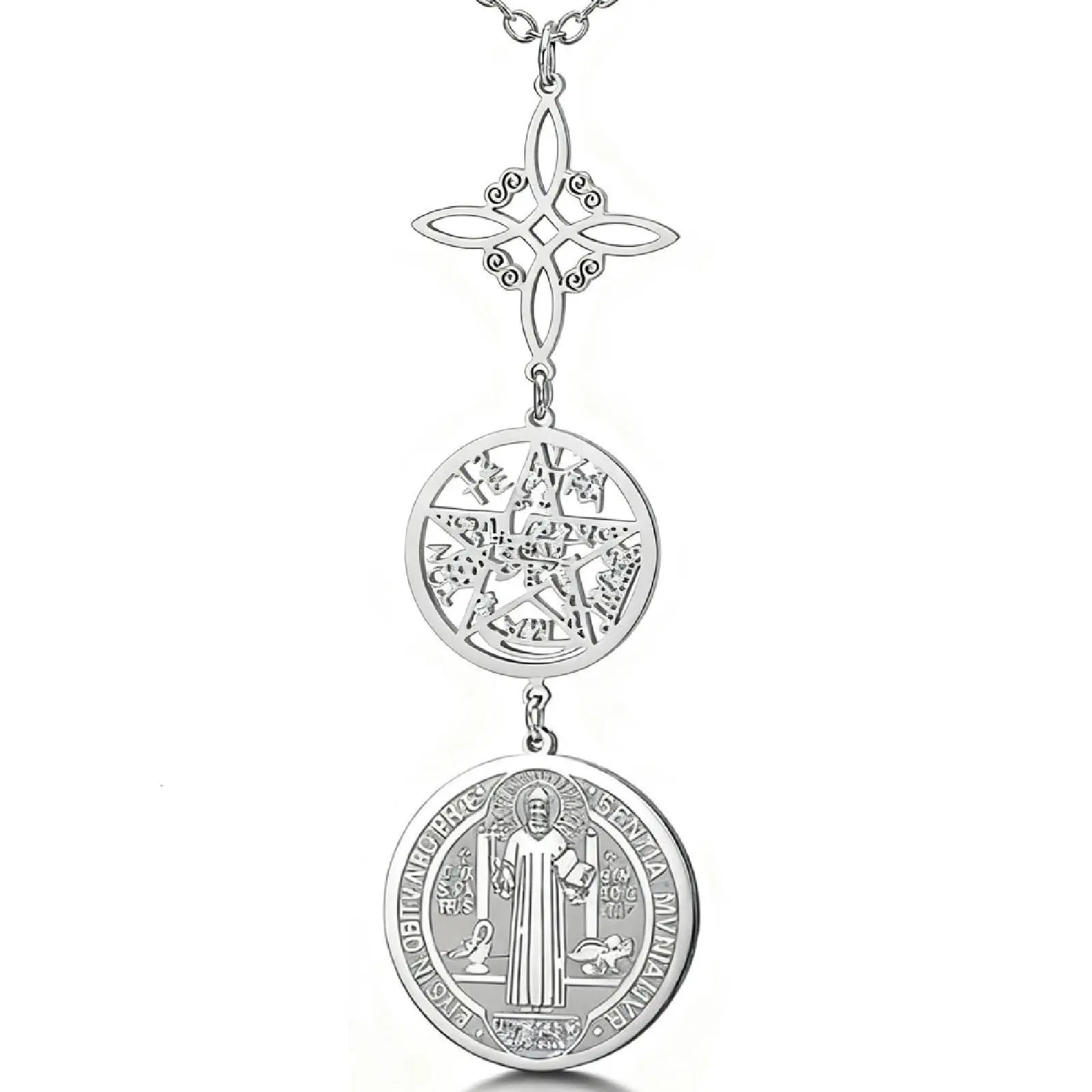 Witch Knot Tetragrammaton St. Benedict Pendant Triple Protection Necklace Women Amulet Stainless Steel Jewelry Gift