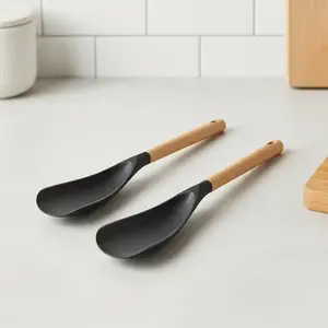 Silicone Cooking Utensil Set, 2 Counts Nonstick Cooking Spoons with Wooden Handles, Kitchen Cooking Utensils for Mixing, Scooping and Scraping, Nonstick Cooking Spoon