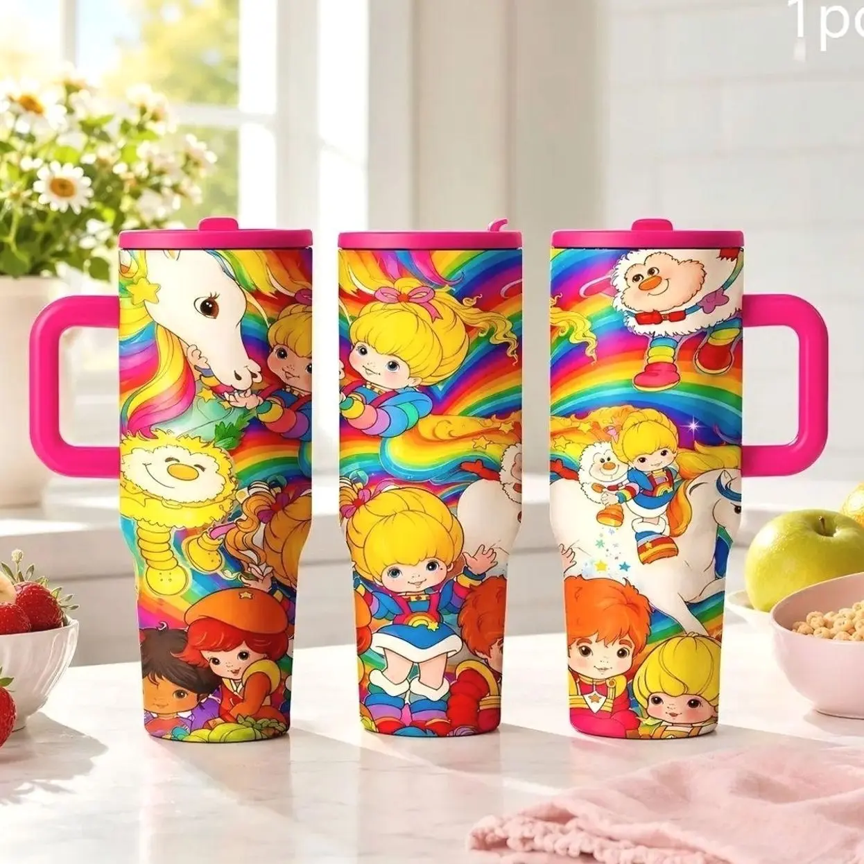 40oz Rainbow Brite Retro Tumbler, Leakproof Lid & Straw, Double Wall Vacuum Insulated, Keeps Hot 12h Cold 24h, Tiktok Viral Cup for Car Office, Stainless Steel Tumbler
