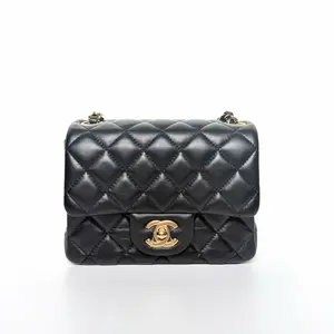 Pre-owned CHANEL Black & Gold Quilted Lambskin Mini Square Flap Bag 19795477hd