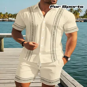 Men's Casual Rhombus Geometric Pattern Short Sleeve Shirt+ Drawstring Sports Pocket Shorts Set, Suitable Hawaiian Vacation Beach Style