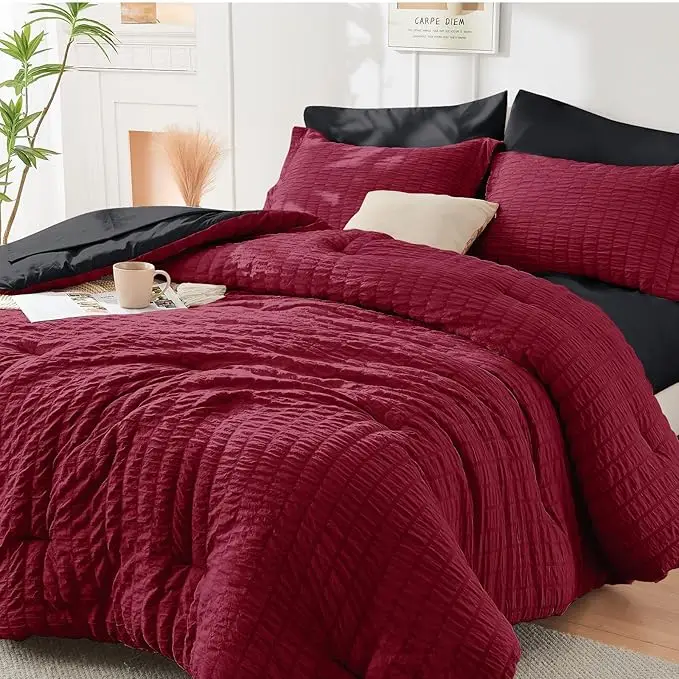 Cozy Elegance: Red & Black Seersucker 7 Pieces, All Season Luxury Bed in a Bag f...
