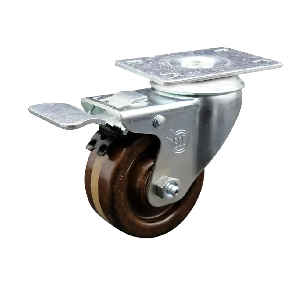 212 MAIN Industrial Heavy Duty SCC-TTL20S314-PHSHT Phenolic Swivel Top Plate Caster with Sleeve Bearing, 3 in. Brown Lockable Wheels, Total Locking Brake, Durable Under Any Condition, Swivel Wheels, Plate Mount