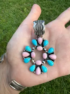 Navajo Pink Conch and Turquoise Cluster Sterling Silver Pendant
