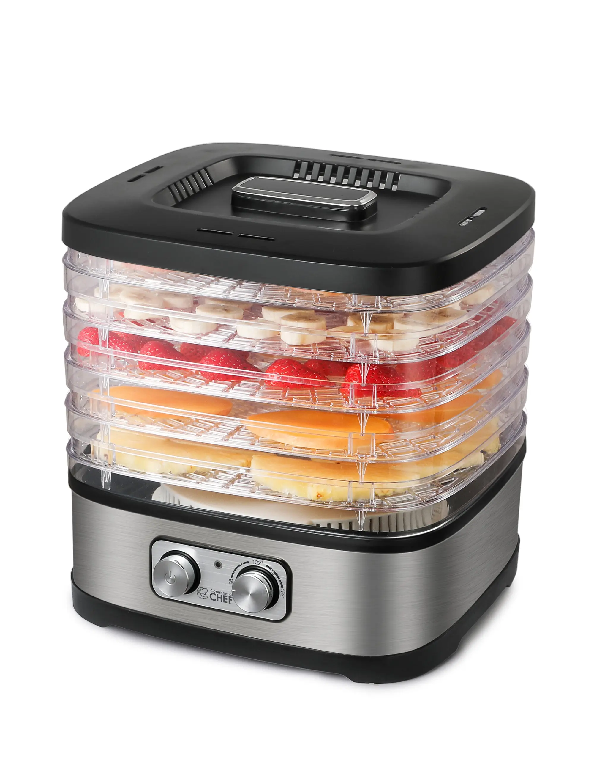Commercial Chef Food Dehydrator, 5 BPA-Free 10 x 9.25 Adjustable Height Trays, Stainless Dehydration Machine for Beef Jerky, Dehydrated Vegetables, Fruits and More, CHD200S, Black/Stainless Look