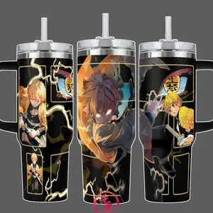 Zenitsu Agatsuma Demon Slayer Thunder Breathing Stainless Steel Insulated Travel Tumbler With Handle 20oz 40oz Anime Lightning Wrap Design Skinny Tumbler