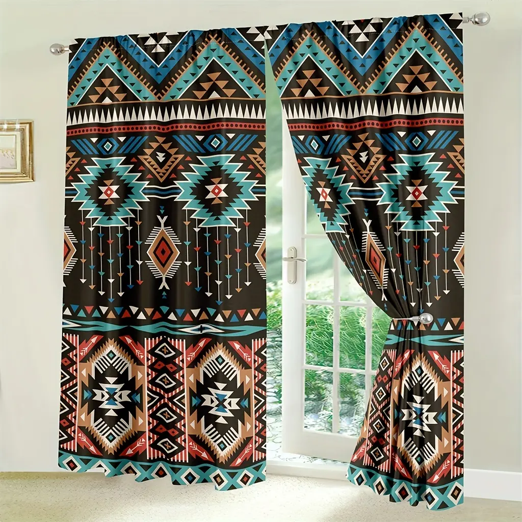2 Panel Bohemian Blackout Curtains - Durable Semi-Transparent Curtains with Mandala Floral and Striped Patterns, Teal and Earth Tones, Living Room Curtains, 2D Flat, Door Dog Curtains, Printed Curtains, Living Room Curtains