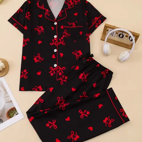 Women's Heart Cherry Bow Print Sleepwear Set, Everyday Casual Lapel Button Short Sleeve Long Pants Homeewear, Nightwear Loungewear Set, Comfortable Ladies Nightwear Pajama Set Pjs Homewear, Pajamas Lounge Set
