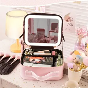 Makeup Bag with LED Mirror And Light, Travel Makeup Bag with Mirror Portable Lighted Makeup Organizer Cosmetic Case, Birthday Gift for Girls And Women