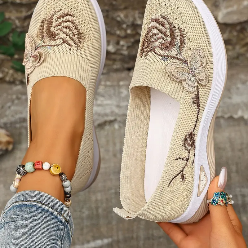 Women's Comfortable Slip-On Casual Sneakers, Breathable Knit Mesh, Hand Embroidered Butterfly & Floral, Lightweight Sole, Ideal for Garden & Yoga, Walking Shoes, Casual Lifestyle Footwear, Breathable Slip Ons, Slip Ins Shoes