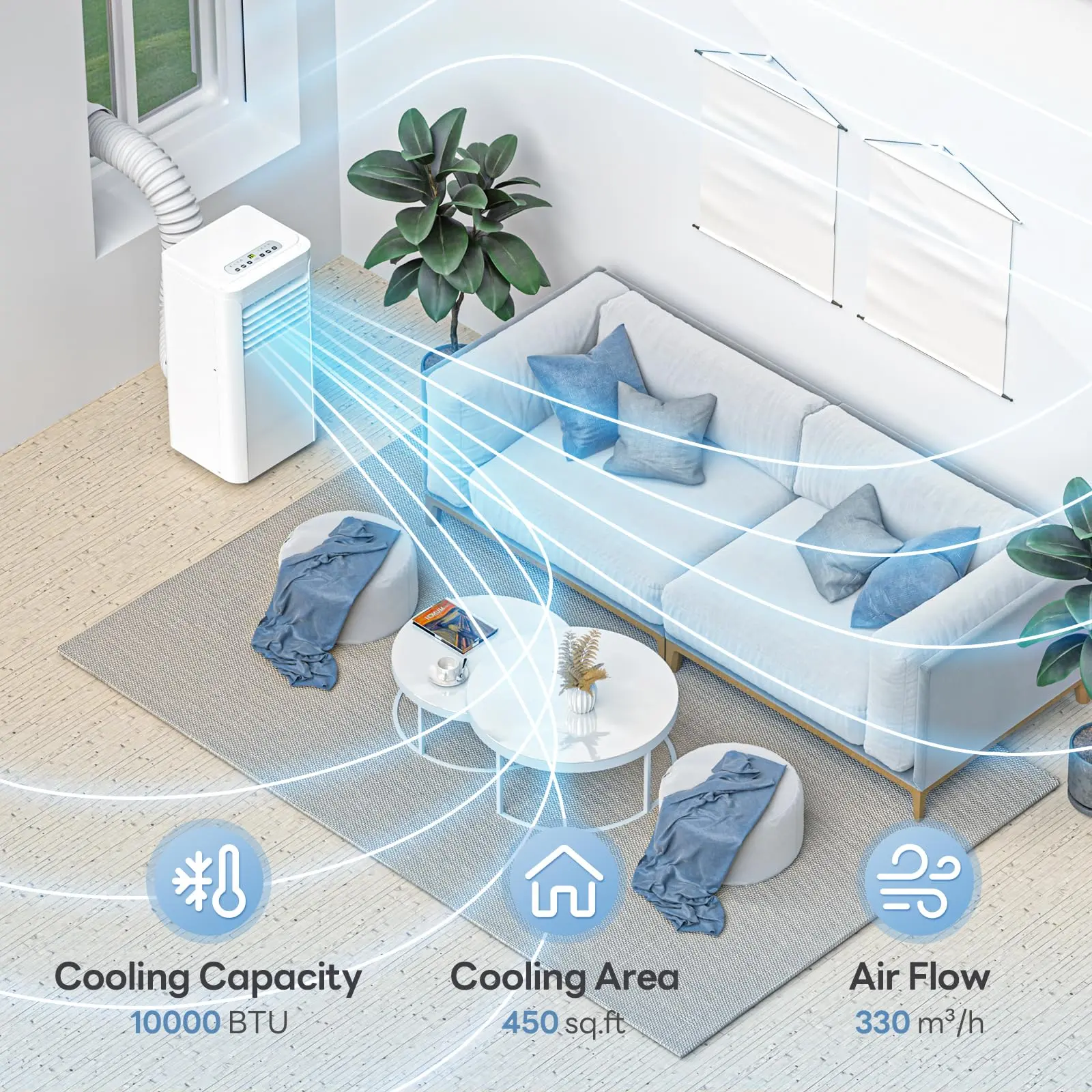 ZAFRO Portable Air Conditioner - 4-IN-1 Quiet System with Cooling Fan, Dehumidifier, Remote Control, Sleep Mode, 24H Timer, 62°F-86°F, Washable Filter, 13.4x11.8x27in for Bedroom, Kitchen, Up to 450 Sq. Ft
