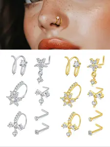 Elegant Oxidized Zircon Nose Ring Set, Stainless Steel Flower Design L-Shaped Nose Studs for Men and Women, Party Holiday Fashion Body Jewelry, Nose Piercing Jewelry