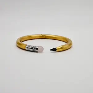 18K Gold Filled Pencil Bracelet Bangle with Moissanite and Pink Nephrite, Hypoallergenic, Waterproof and Tarnish Resistant