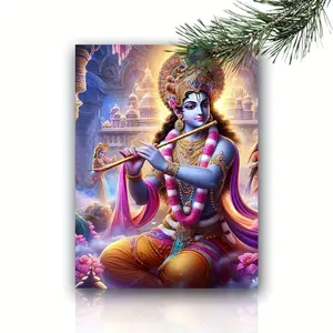 [2D Flat] Krishna Canvas Artwork with Wooden Frame - Water-Resistant, High Definition Wall Decoration for Living Room, Bedroom, And Farmhouse - Contemporary Home & Garden Ornament, Ideal Gift Suggestion, 15.8inch X 11.8inch	