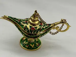 Egyptian Metal Aladdin Lamp For Decoration 3.5" X 2" Gold Look Green Great Quality Beautiful