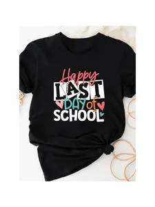 Men's Happy Last Day of Graphic T-Shirt - Soft Breathable Crew Neck Short Sleeve Top with Colorful Playful Lettering & Heart Details, Casual Spring Summer Tee for Graduation Celebration, Graduation Shirts for Family, End Of Apparel, Fun Print Shirt