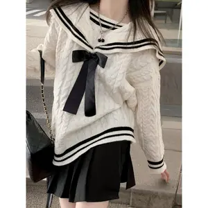 Bow Tie Knitted Sweater, Casual Sailor Collar Long Sleeve Sweater Autumn and Winter, Women's Clothing