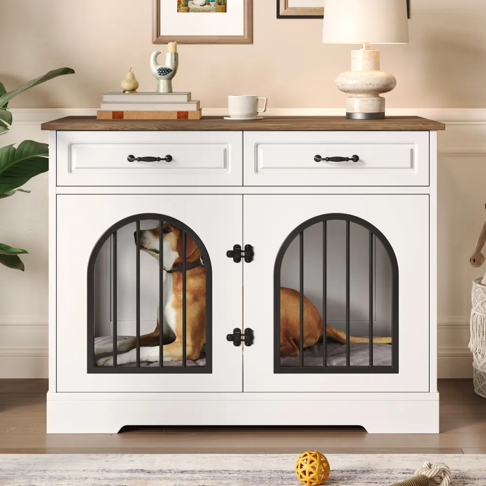 littleox 43.3" Dog Crate Furniture, Heavy Duty Indoor Dog Kennel with 2 Storage Drawers, Dog Cage with Side Doors for Medium Large Dogs, End Table Dog Crate, White and Brown
