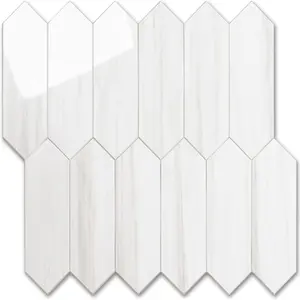 1 Sheet Glossy Dolomite White Backsplash Tile Peel and Stick, 12.8 x 12.8 Inch Long Hexagon PVC Self Adhesive Mosaic Wall Tiles Stick on Backsplash for Kitchen and Bathroom