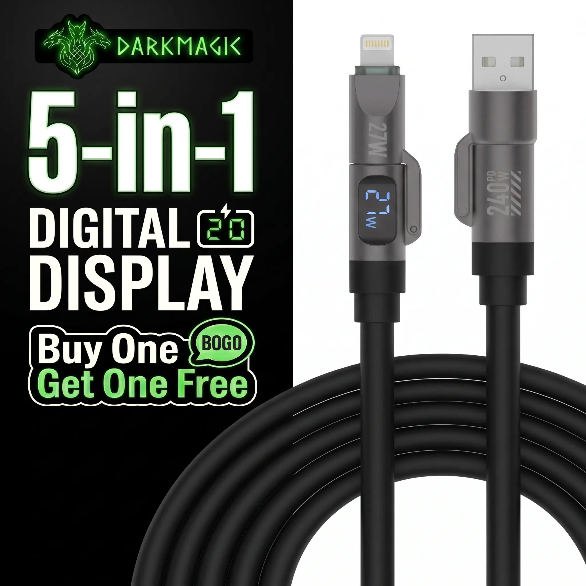 Buy one get one free Dark magic I 5-in-1 Multi Digital Display 240W Fast Charging Flame-Retardant super Liquid Silicone Cable with USB A Type C Lightning for iPhone17/Samsung/Android/Laptops /Car/ Office & TravelCharger
