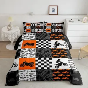 Dirt Bike Comforter Set,Racing Motorcross Rider Bedding Set,Black Grey Orange Plaid Patchwork Quilt Set,Kids Boys Teens Men Room Decor Fashion Modern Duvet Insert