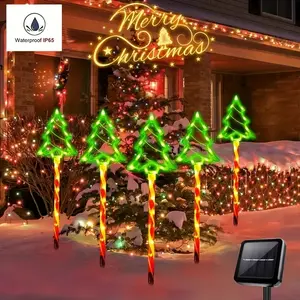 1 Set of Solar Powered 5 in 1 Christmas Tree Shaped Lawn Lights, Suitable for Outdoor Garden And Patio, Porch, Christmas Atmosphere Decoration