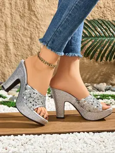 Women's Fashionable Glittering Sequin Decorated Sandals, Elegant Heeled Sandals, Elegant Square Toe High Heel Sandals, Glitter Dress Sandals for Party, Daily Clothing Decor for Women & Girls, Footwear