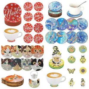 8pcs/set DIY Diamond Painting Christmas Coasters No Holder, Cats, Gnomes Patterns Crystal Rhinestone Diamond Art Coasters for Drinks, Wooden Desktop Art Coasters for Home Office Coffee Shop Restaurant Cup Decor, Great Xmas Gifts for Friends and Family