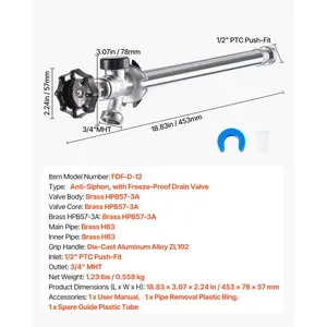 VEVOR 12-Inch Frost-Free Sillcock, 1/2 PTCx 3/4 MHT Hose Bibb, Anti-Siphon Lead-Free Brass Valve, Push-to-Connect Brass Plumbing Fitting, Compatible with PEX, Copper, CPVC Pipes