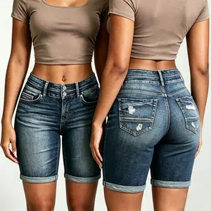 Bermuda Shorts for Women Jean High Waisted Trendy Patch Pockets Casual Summer Button Fly Stretchy Denim Shorts