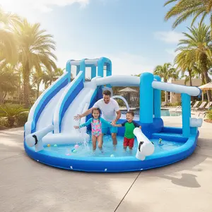 Inflatable Bounce House Water Slide Water Park, Kids Bouncy House for Kids with Dual Slide, Outdoor & Indoor, Dual Slide Water Park Inflatable Water Slide for Backyard, Outdoor Blow Up Park Wet Dry Combo