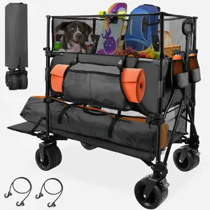 Slendor Folding Double Decker Wagon,360° Adjustable Handle Heavy Duty Collapsible Cart ,Terrain Double-Locking Brack Wheels Outdoor Travel for Garden, Beach, Shopping, Sports and Camping