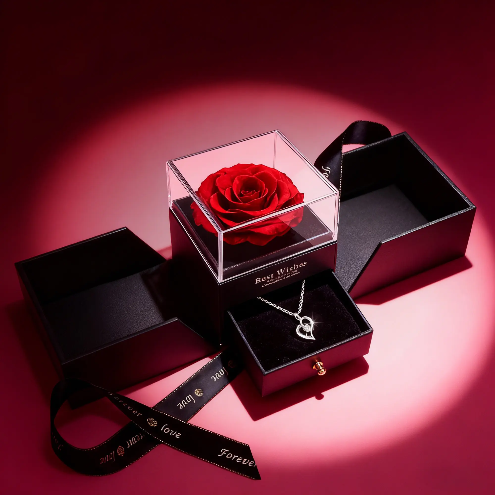 Handmade Real Rose Gift Set - Red Preserved Rose Box with Classic Elegant Diamond-Tone Engraved Heart "I Love You" Pendant Necklace, Romantic Love Gift for Women (Anniversary, Birthday)