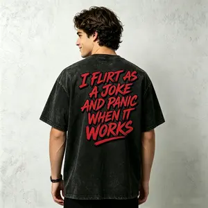 I Flirt As A Joke Panic When It Works Meme T-Shirt | 180g Regular Slim Fit & 230g Heavyweight Wash Cotton Oversized Graphic Tee | Perfect Funny Boyfriend Birthday Gift Vintage Boxy Retro Charcoal Streetwear Tops Men Unisex Clothes,Fashion Men Clothes outd