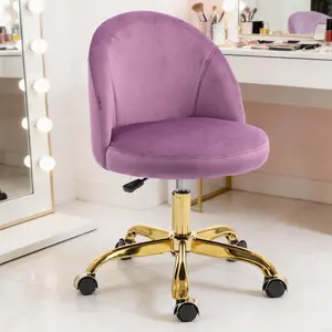 Purple Velvet Vanity Chair with Gold Base, Small Swivel Makeup Chair for Bedroom & Home Office, Adjustable Height Cute Desk Chair with Wheels for Girls