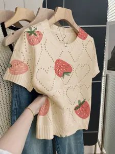 Boho Style Casual Loose Round Neck Short Sleeve Knit Sweater, Strawberry Print Summer Top, Women's Vacation, Valentine's Day