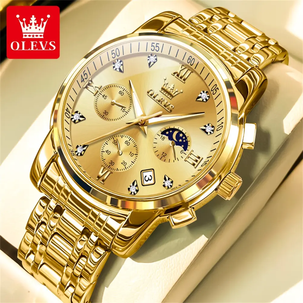 OLEVS Men's Luxury Quartz Watch, Stainless Steel Multifunctional Chronograph with Roman Numerals, 30M Fashionable Waterproof Wristwatch for Business, Fashionable Waterproof Watch, Multifunctional Watch
