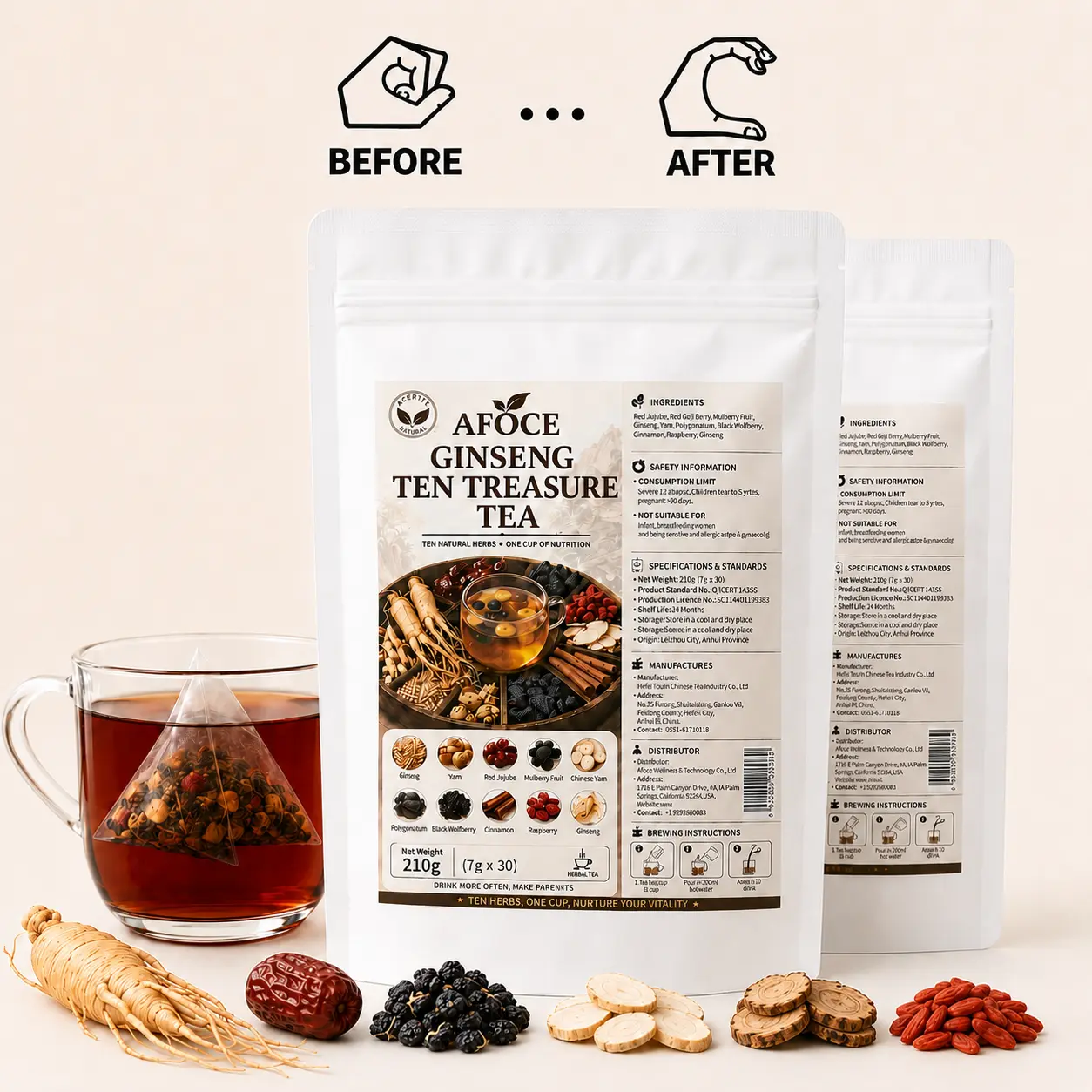 AFOCE Ginseng 10-Treasure Herbal Tea, 60 IndividuallyWrapped Tea Bags, Blended Herbal Ingredients for Adults